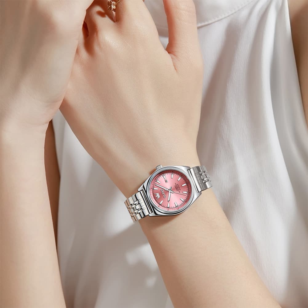 OLEVS 3703 Elegant Textured Dial Stainless Steel Womens Watch - Silver Purple Watch | Olevs Watch Store