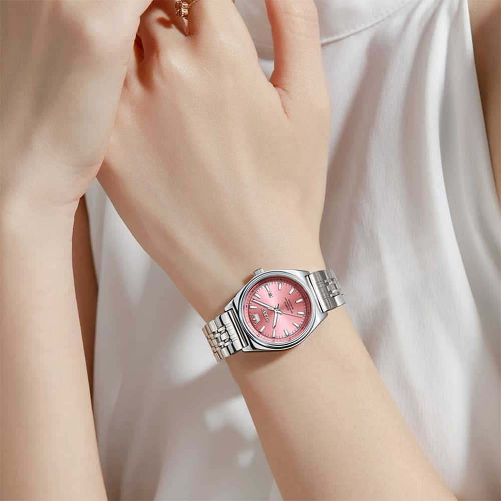 OLEVS 3703 Elegant Textured Dial Stainless Steel Womens Watch - Silver Purple Watch | Olevs Watch Store