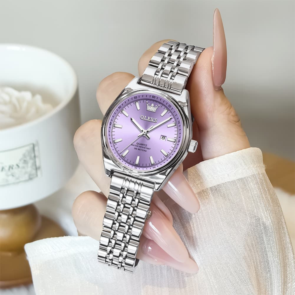 OLEVS 3703 Elegant Textured Dial Stainless Steel Womens Watch - Silver Purple Watch | Olevs Watch Store