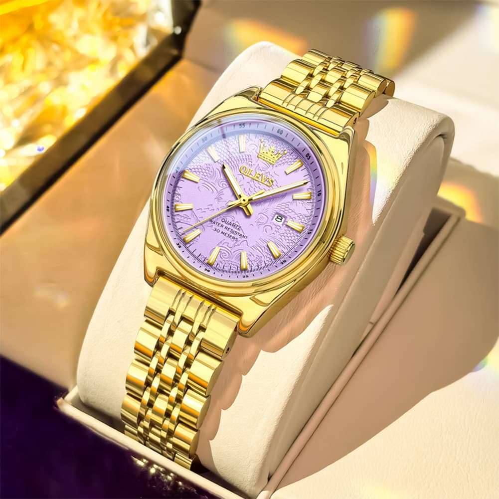 OLEVS 3703 Elegant Textured Dial Stainless Steel Womens Watch