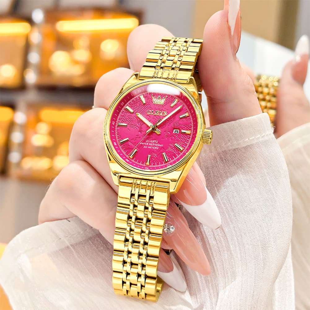 OLEVS 3703 Elegant Textured Dial Stainless Steel Womens Watch