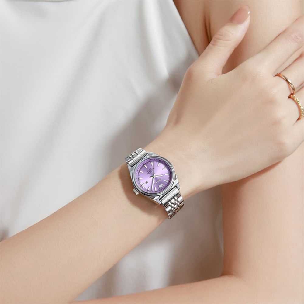 OLEVS 3703 Elegant Textured Dial Stainless Steel Womens Watch - Silver Purple Watch | Olevs Watch Store