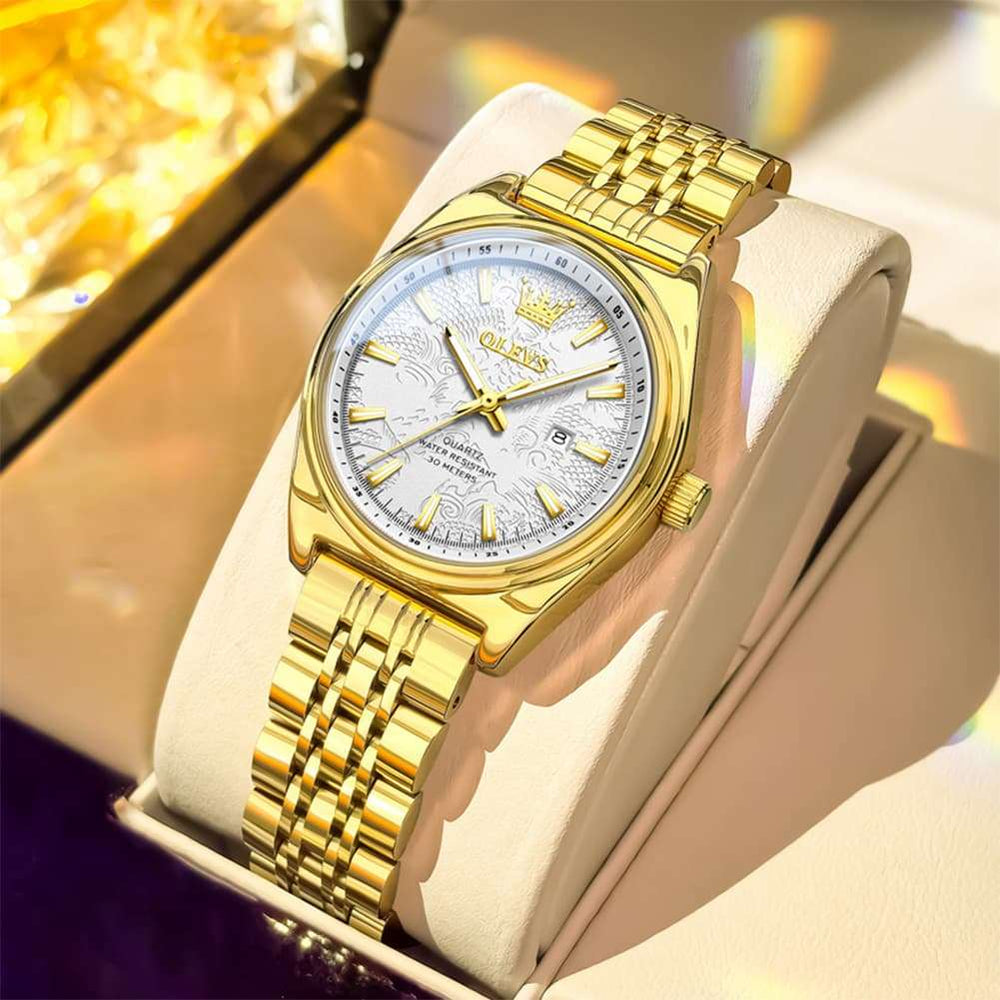 OLEVS 3703 Elegant Textured Dial Stainless Steel Womens Watch