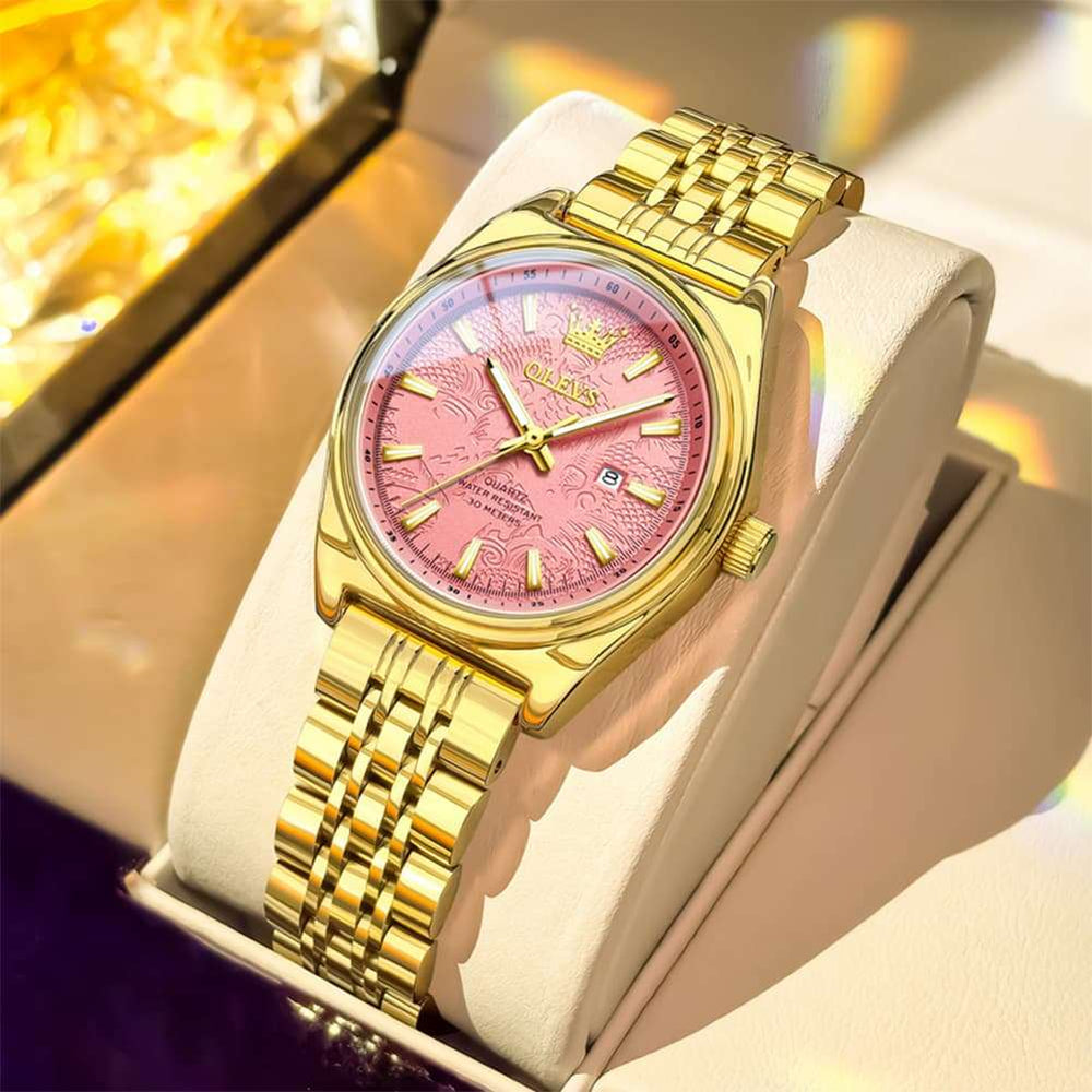 OLEVS 3703 Elegant Textured Dial Stainless Steel Womens Watch