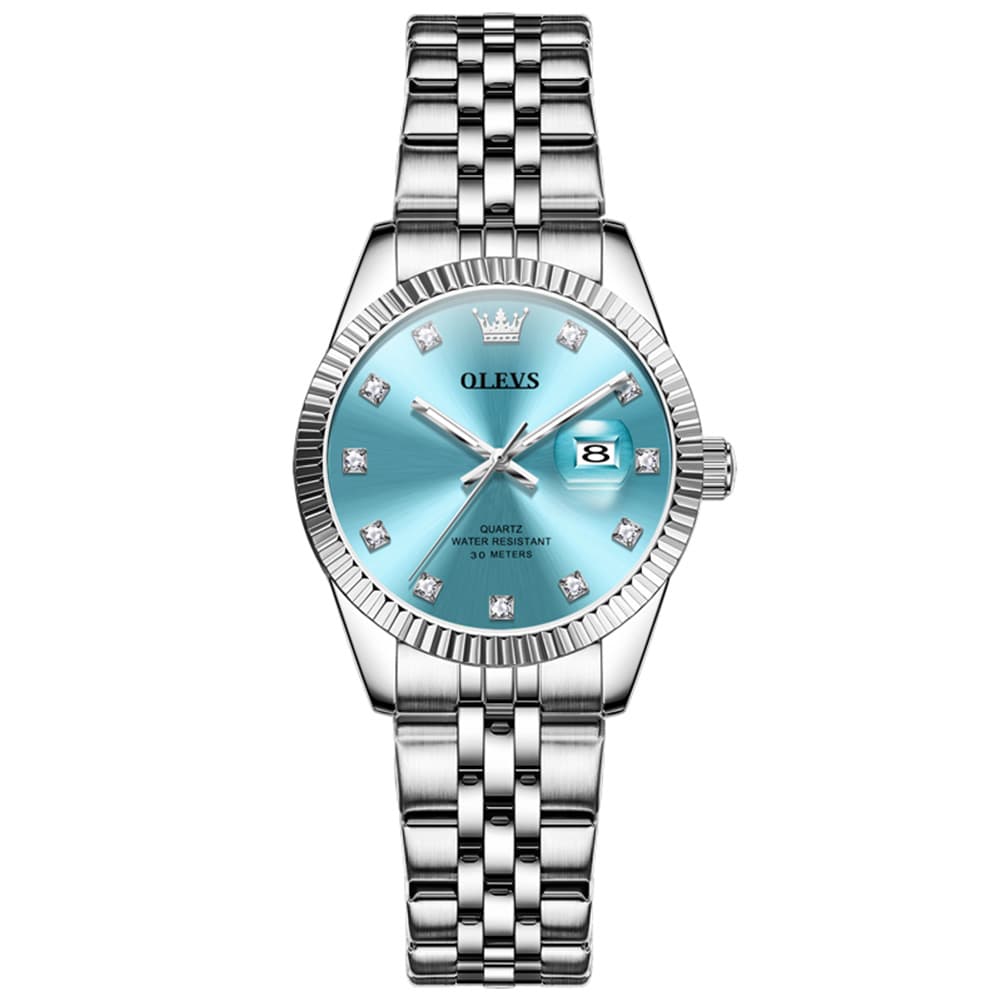 OLEVS 3705 Classic Luxury Fluted Bezel Quartz Watch for Women - Ice Blue Watch | Olevs Watch Store