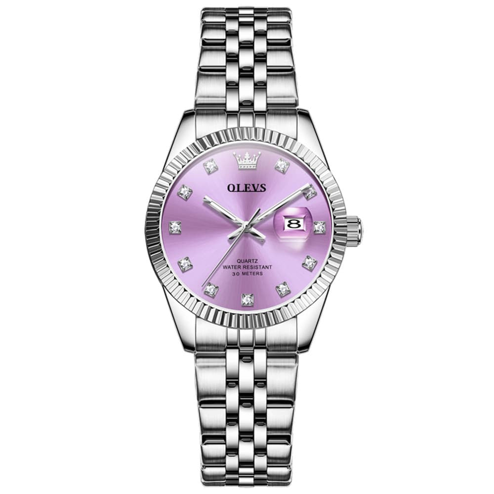OLEVS 3705 Classic Luxury Fluted Bezel Quartz Watch for Women - Lilac Purple Watch | Olevs Watch Store