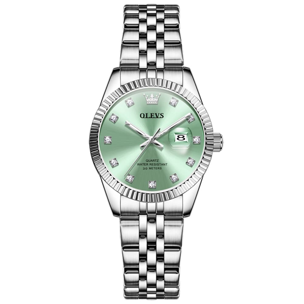 OLEVS 3705 Classic Luxury Fluted Bezel Quartz Watch for Women - Mint Green Watch | Olevs Watch Store