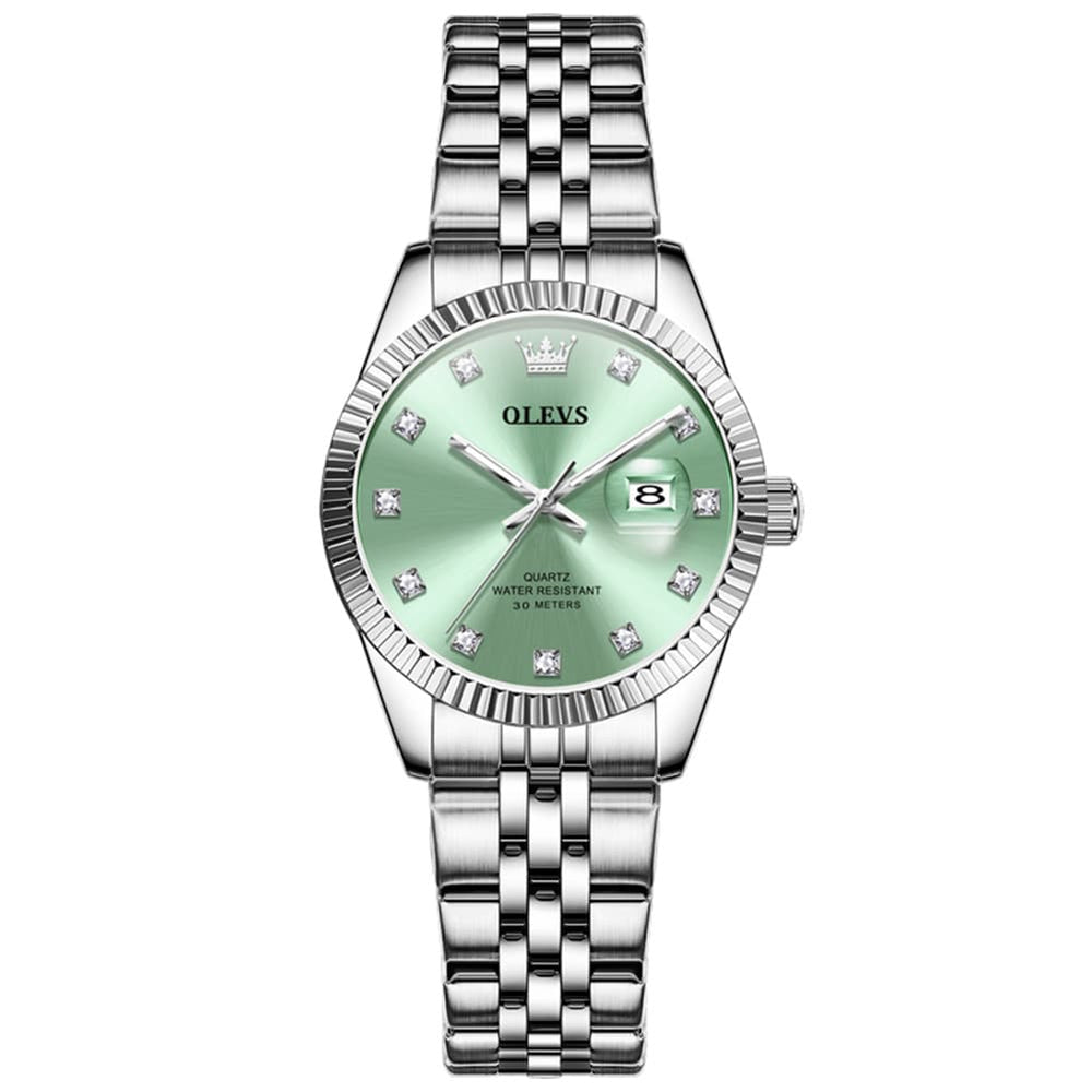 OLEVS 3705 Classic Luxury Fluted Bezel Quartz Watch for Women - Mint Green Watch | Olevs Watch Store
