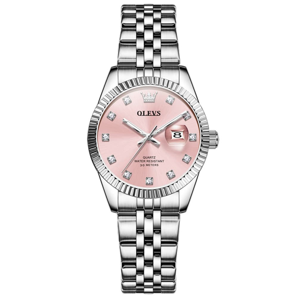 OLEVS 3705 Classic Luxury Fluted Bezel Quartz Watch for Women - Sakura Pink Watch | Olevs Watch Store