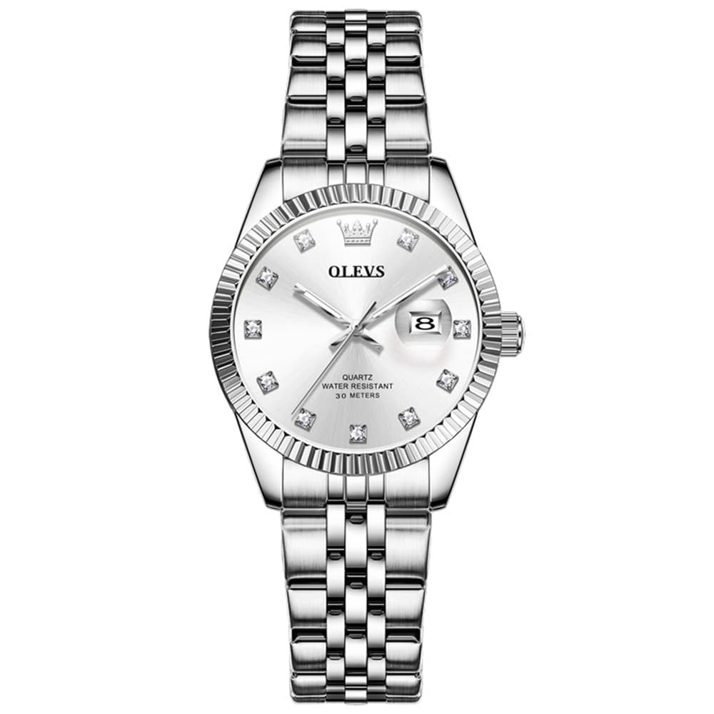 OLEVS 3705 Classic Luxury Fluted Bezel Quartz Watch for Women - Silver White Watch | Olevs Watch Store