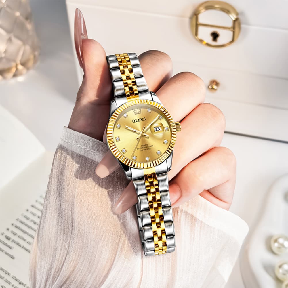 OLEVS 3705 Classic Luxury Fluted Bezel Quartz Watch for Women - Two-Tone Gold Watch | Olevs Watch Store