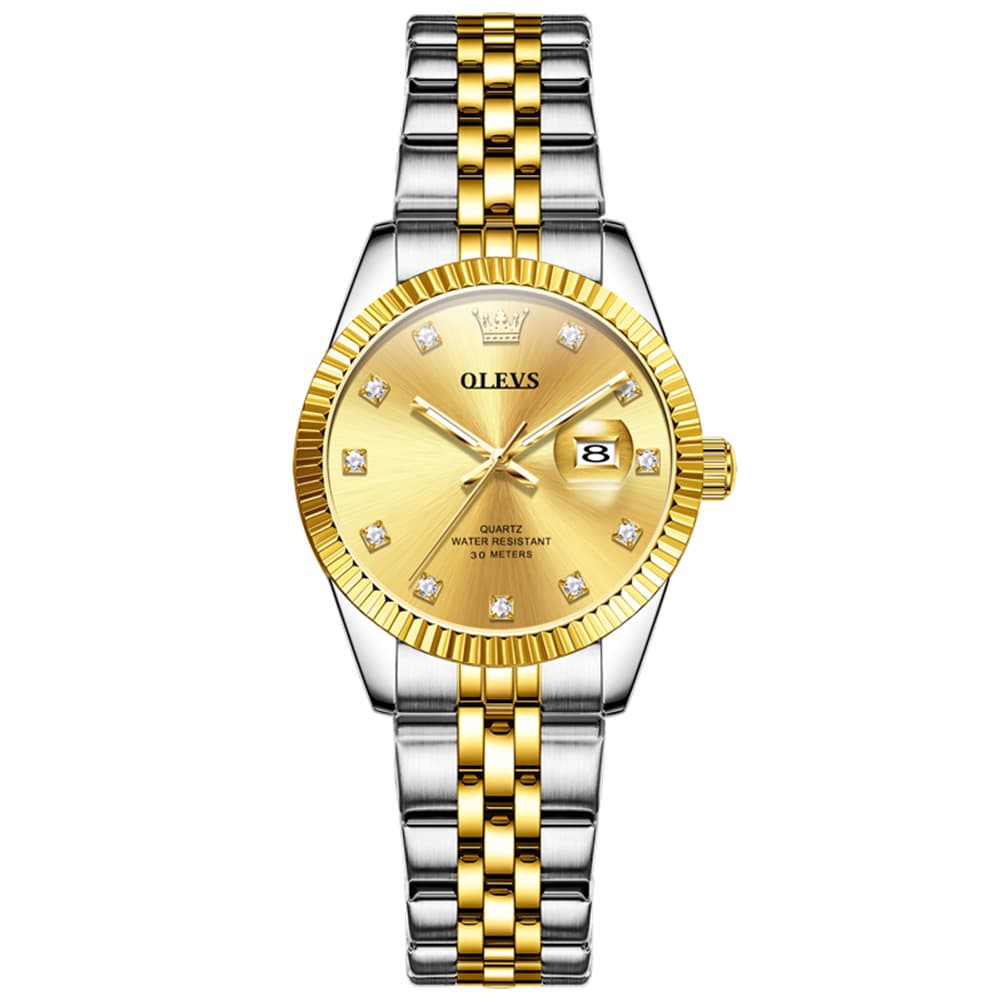 OLEVS 3705 Classic Luxury Fluted Bezel Quartz Watch for Women - Two-Tone Gold Watch | Olevs Watch Store