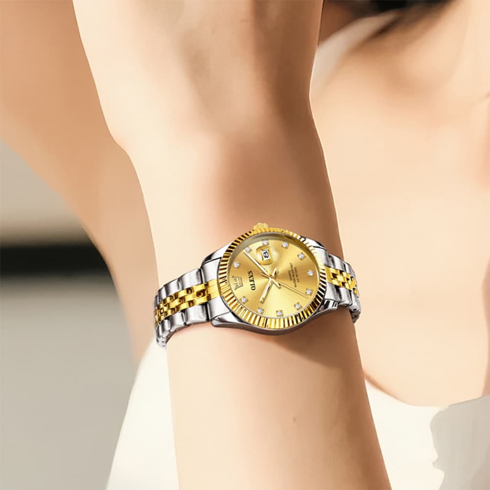 OLEVS 3705 Classic Luxury Fluted Bezel Quartz Watch for Women - Two-Tone Gold Watch | Olevs Watch Store