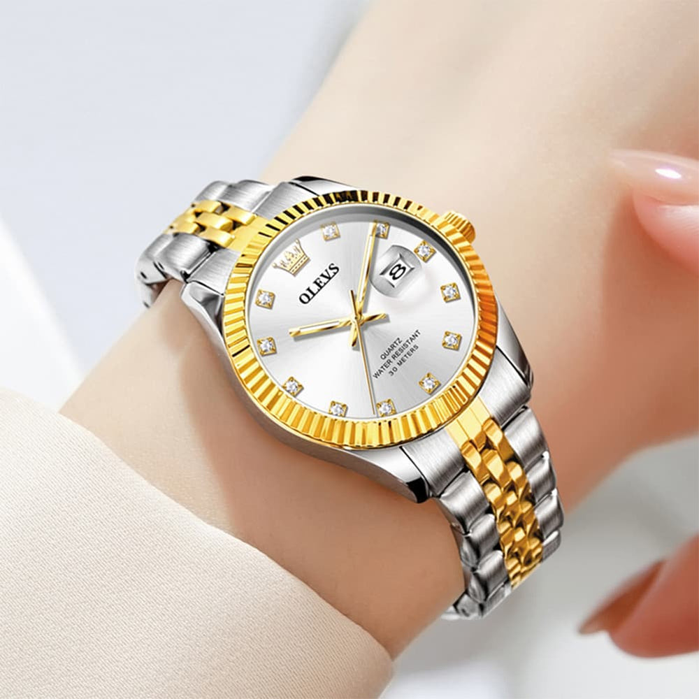 OLEVS 3705 Classic Luxury Fluted Bezel Quartz Watch for Women - Two-Tone Gold Watch | Olevs Watch Store