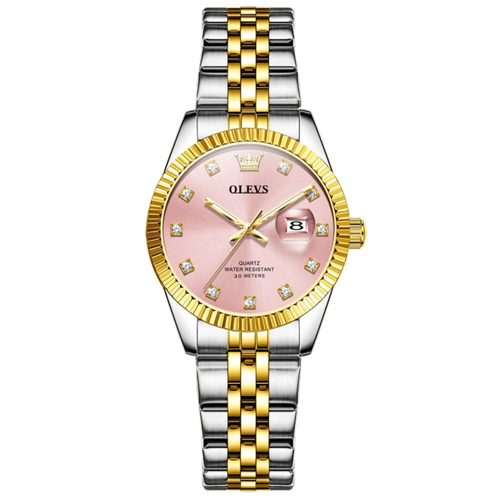 OLEVS 3705 Classic Luxury Fluted Bezel Quartz Watch for Women - Two-Tone Pink Watch | Olevs Watch Store