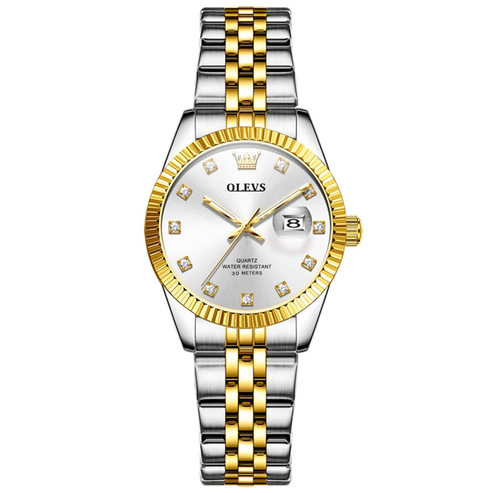 OLEVS 3705 Classic Luxury Fluted Bezel Quartz Watch for Women - Two-Tone White Watch | Olevs Watch Store