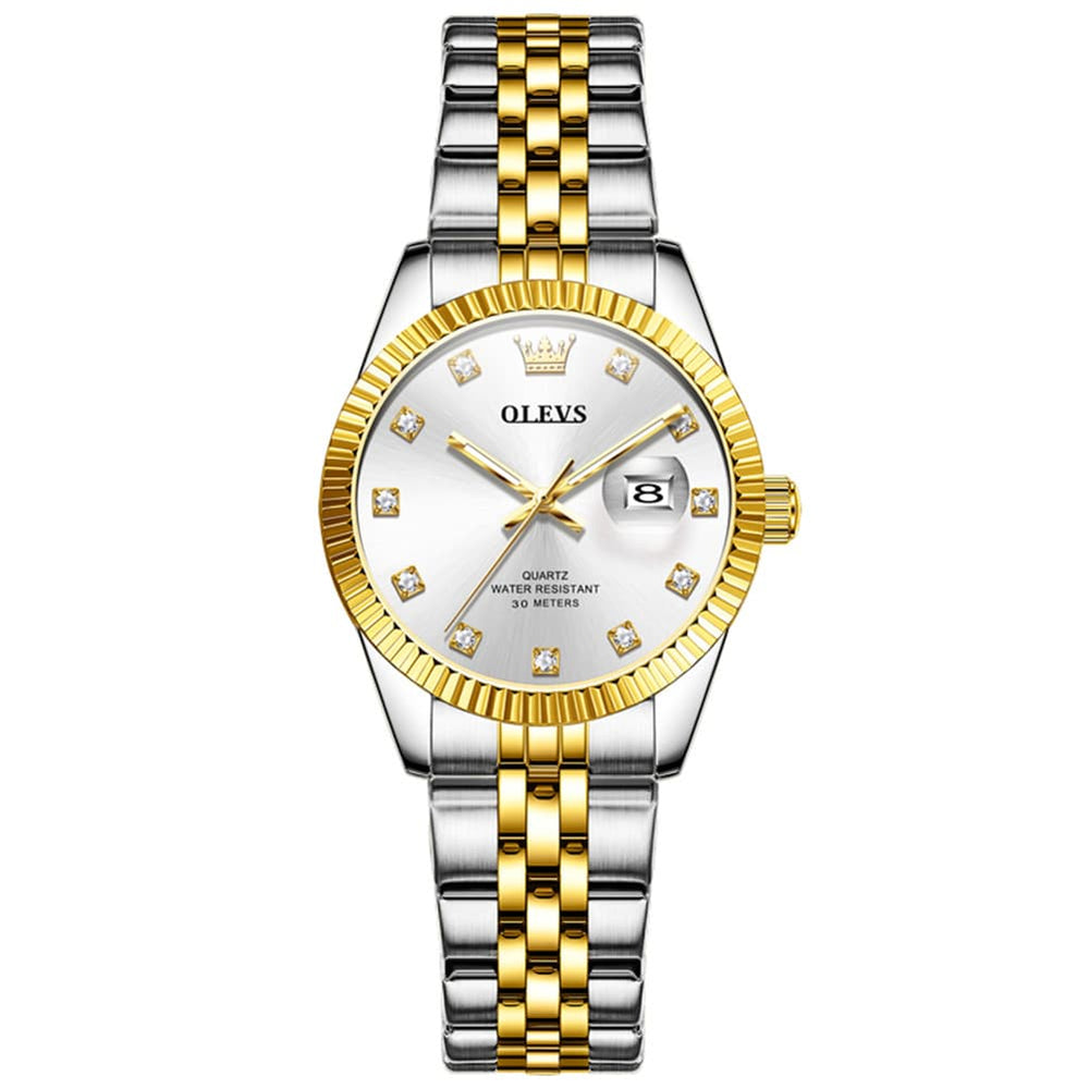OLEVS 3705 Classic Luxury Fluted Bezel Quartz Watch for Women - Two-Tone White Watch | Olevs Watch Store