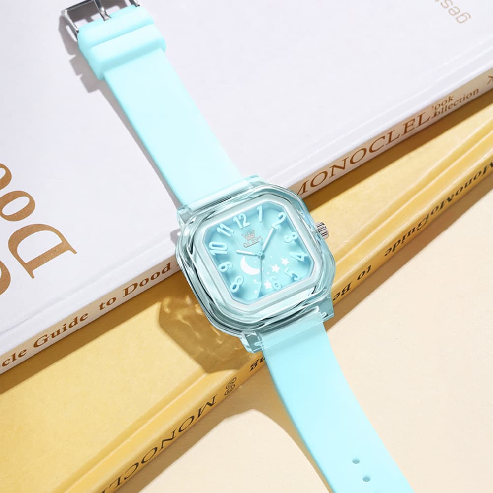 OLEVS 3711 Dreamy Moon Star Transparent Silicone Womens Student Watch - Fresh Blue Watch | Olevs Watch Store