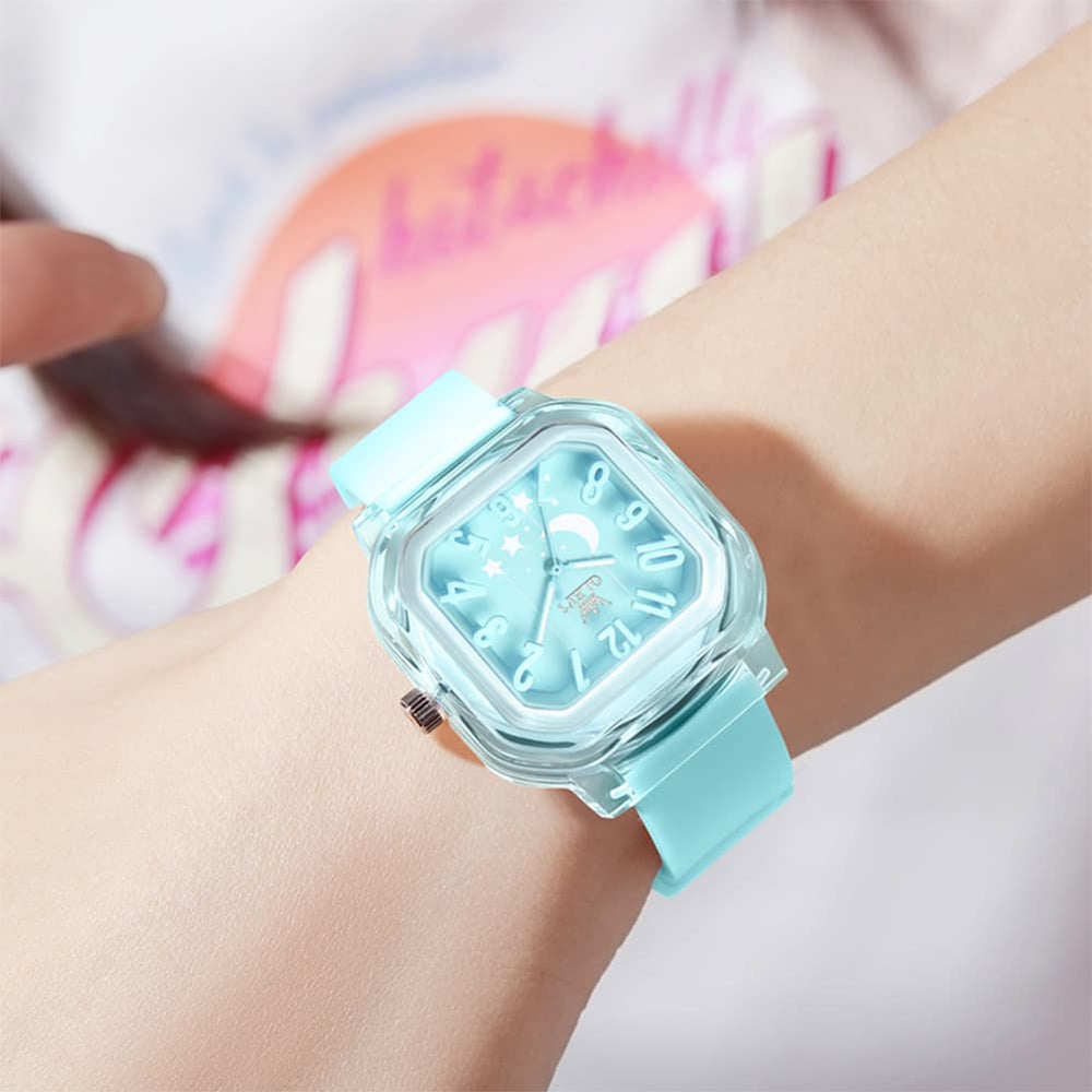 OLEVS 3711 Dreamy Moon Star Transparent Silicone Womens Student Watch - Fresh Blue Watch | Olevs Watch Store