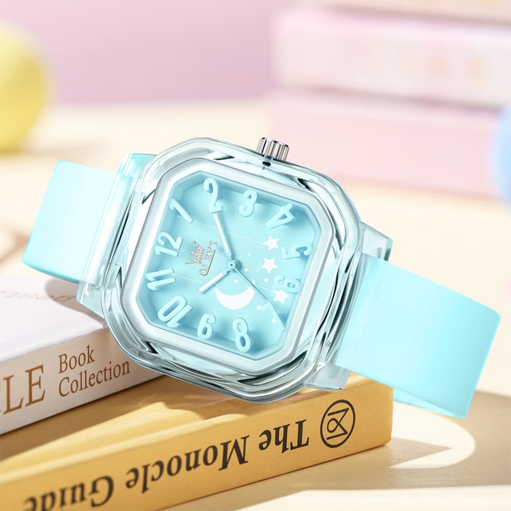 OLEVS 3711 Dreamy Moon Star Transparent Silicone Womens Student Watch - Fresh Blue Watch | Olevs Watch Store