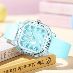 OLEVS 3711 Dreamy Moon Star Transparent Silicone Womens Student Watch - Fresh Blue Watch | Olevs Watch Store