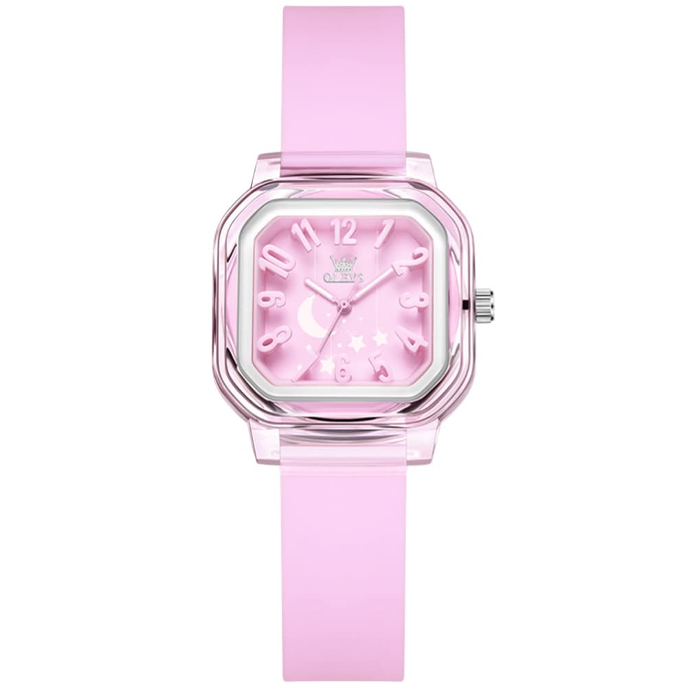 OLEVS 3711 Dreamy Moon Star Transparent Silicone Womens Student Watch - Gentle Pink Watch | Olevs Watch Store