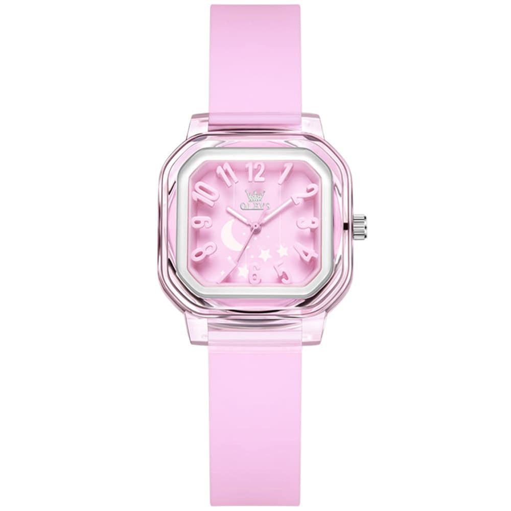 OLEVS 3711 Dreamy Moon Star Transparent Silicone Womens Student Watch - Gentle Pink Watch | Olevs Watch Store