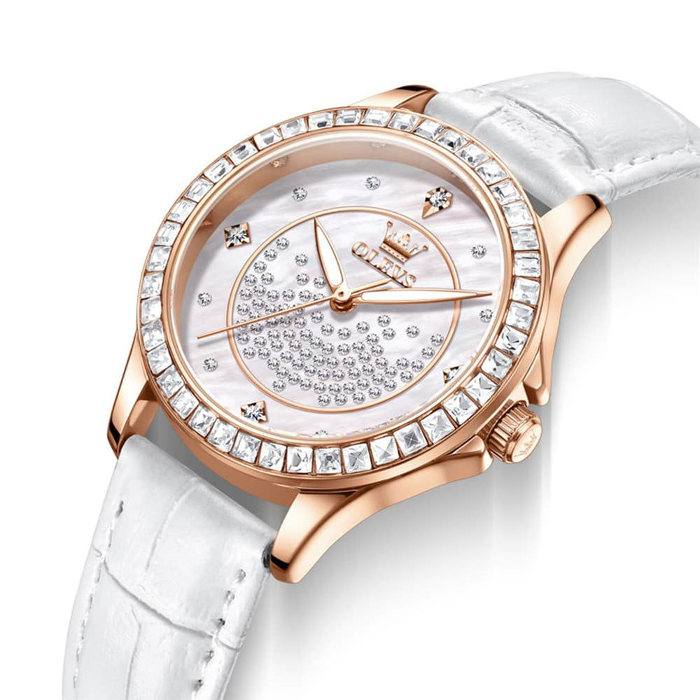 OLEVS 3715 Diamond Mother of Pearl Leather Watch for Women - Rose White Watch | Olevs Watch Store