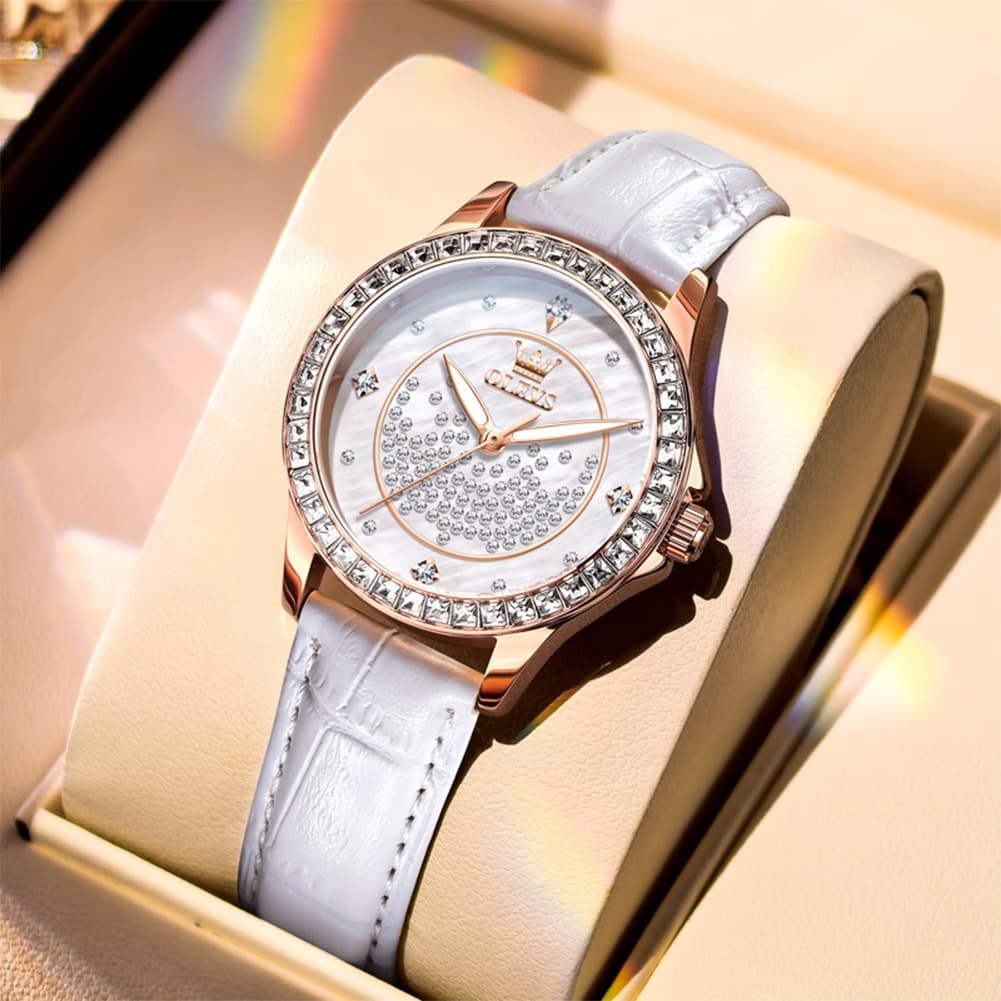 OLEVS 3715 Diamond Mother of Pearl Leather Watch for Women - Silver White Watch | Olevs Watch Store