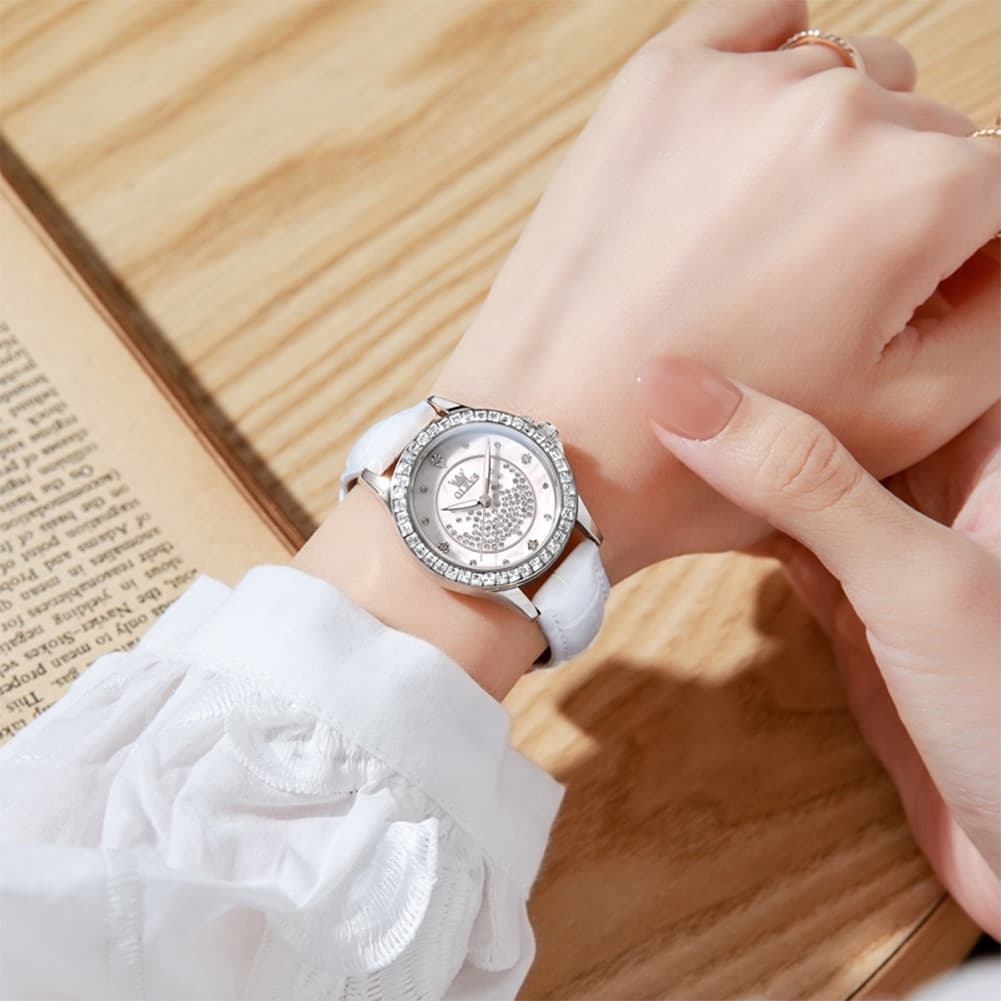 OLEVS 3715 Diamond Mother of Pearl Leather Watch for Women - Silver White Watch | Olevs Watch Store