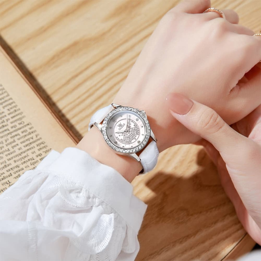 OLEVS 3715 Diamond Mother of Pearl Leather Watch for Women - Silver White Watch | Olevs Watch Store