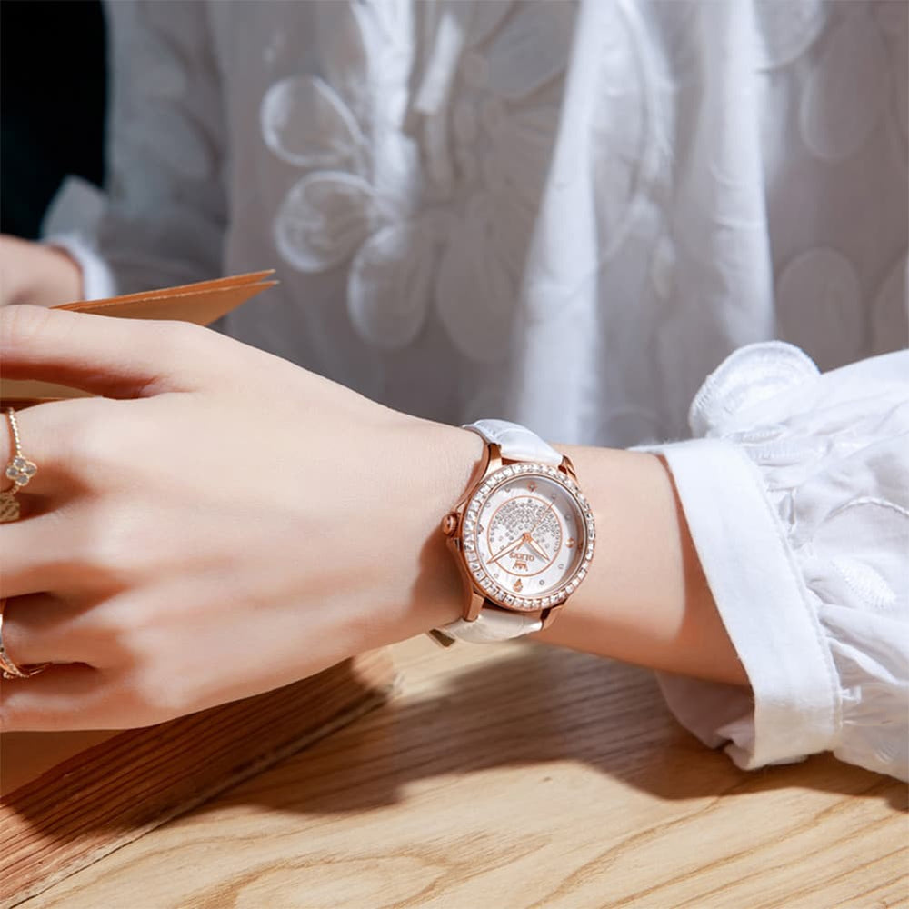 OLEVS 3715 Diamond Mother of Pearl Leather Watch for Women - Silver White Watch | Olevs Watch Store
