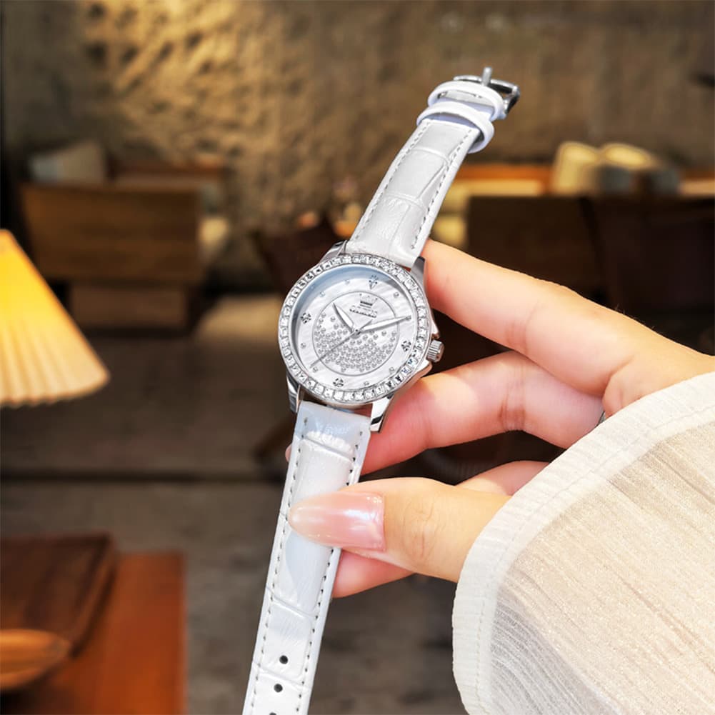 OLEVS 3715 Diamond Mother of Pearl Leather Watch for Women - Silver White Watch | Olevs Watch Store