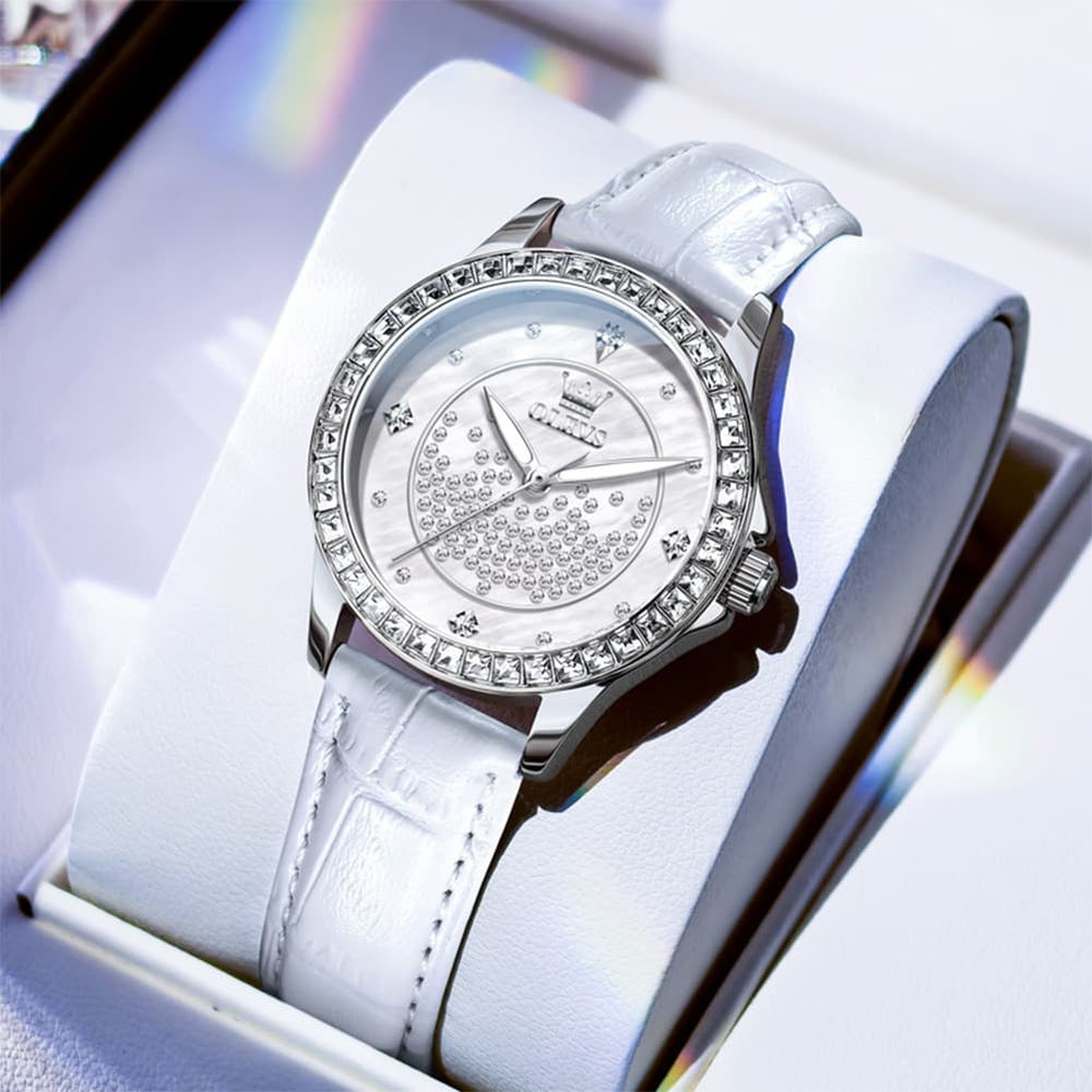 OLEVS 3715 Diamond Mother of Pearl Leather Watch for Women - Silver White Watch | Olevs Watch Store
