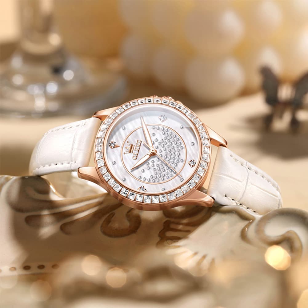 OLEVS 3715 Diamond Mother of Pearl Leather Watch for Women - Silver White Watch | Olevs Watch Store