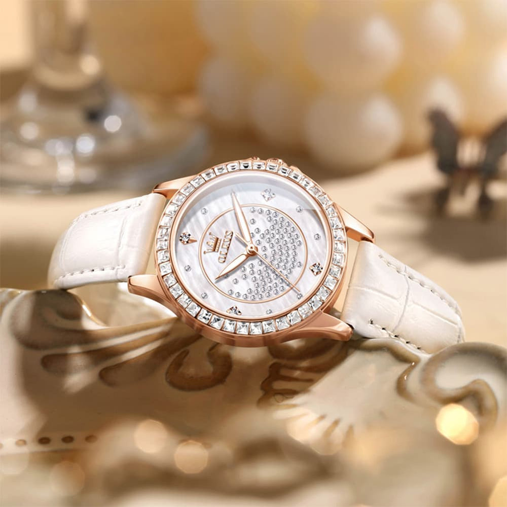 OLEVS 3715 Diamond Mother of Pearl Leather Watch for Women - Silver White Watch | Olevs Watch Store