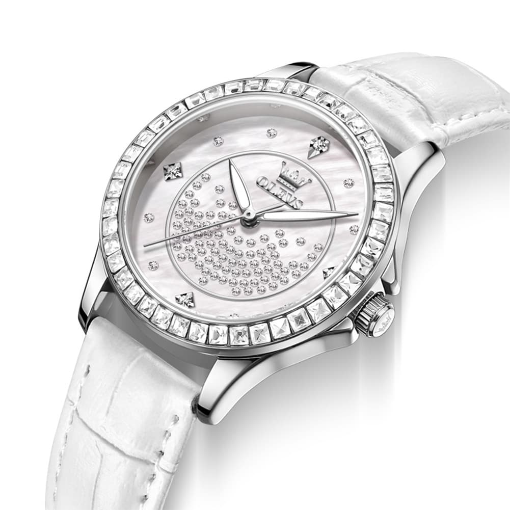 OLEVS 3715 Diamond Mother of Pearl Leather Watch for Women - Silver White Watch | Olevs Watch Store