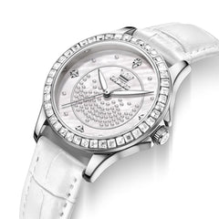 OLEVS 3715 Diamond Mother of Pearl Leather Watch for Women - Silver White Watch | Olevs Watch Store