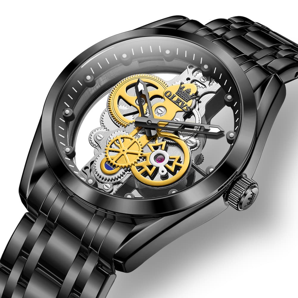 OLEVS 3725 Skeleton Luminous Quartz Watch for Men - All Black Watch | Olevs Watch Store