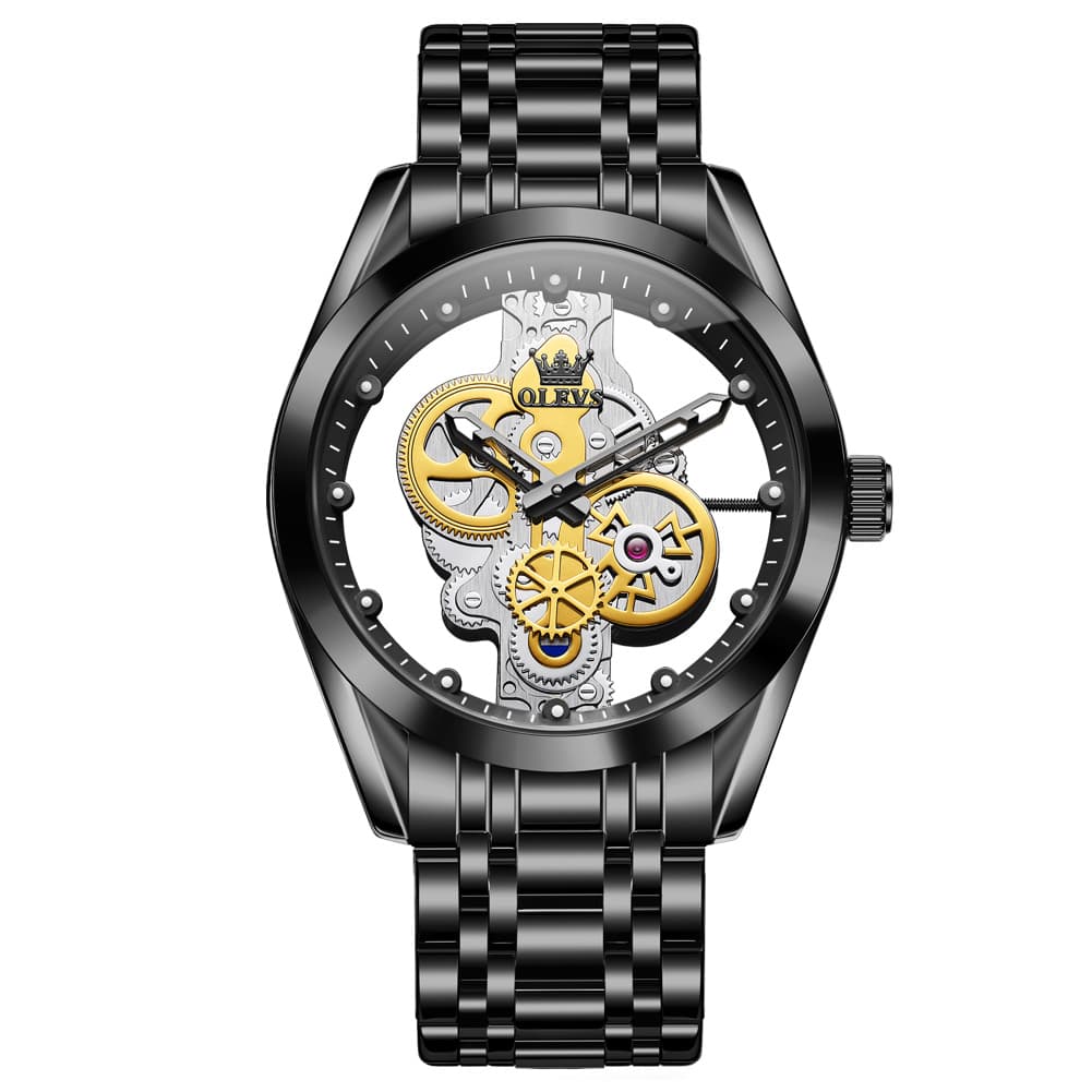 OLEVS 3725 Skeleton Luminous Quartz Watch for Men - Gold Watch | Olevs Watch Store