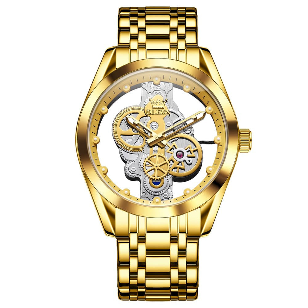 OLEVS 3725 Skeleton Luminous Quartz Watch for Men - Gold Watch | Olevs Watch Store