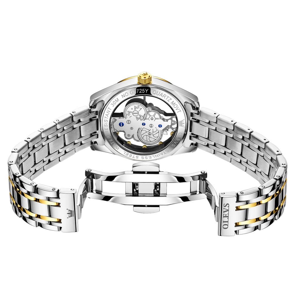 OLEVS 3725 Skeleton Luminous Quartz Watch for Men - Gold Watch | Olevs Watch Store