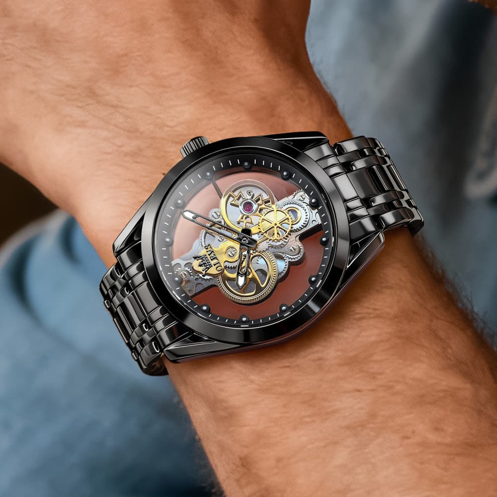 OLEVS 3725 Skeleton Luminous Quartz Watch for Men - Gold Watch | Olevs Watch Store