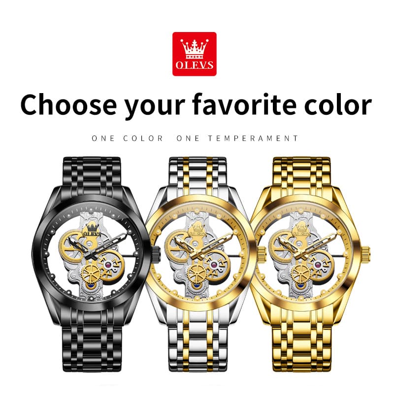 OLEVS 3725 Skeleton Luminous Quartz Watch for Men - Gold Watch | Olevs Watch Store