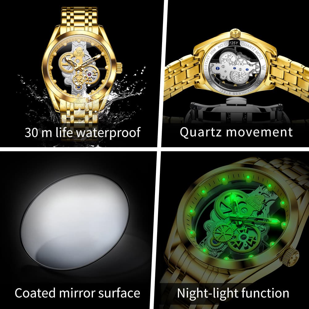 OLEVS 3725 Skeleton Luminous Quartz Watch for Men - Gold Watch | Olevs Watch Store