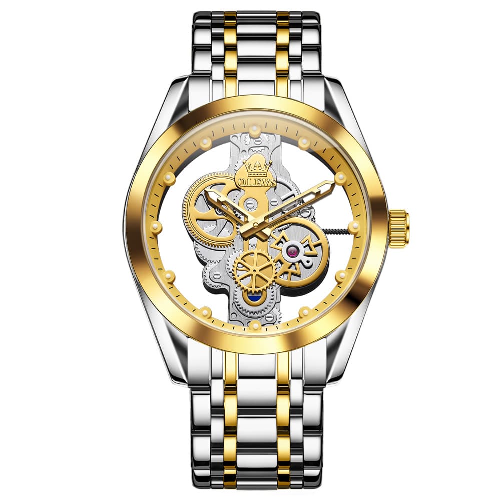 OLEVS 3725 Skeleton Luminous Quartz Watch for Men - Gold Watch | Olevs Watch Store