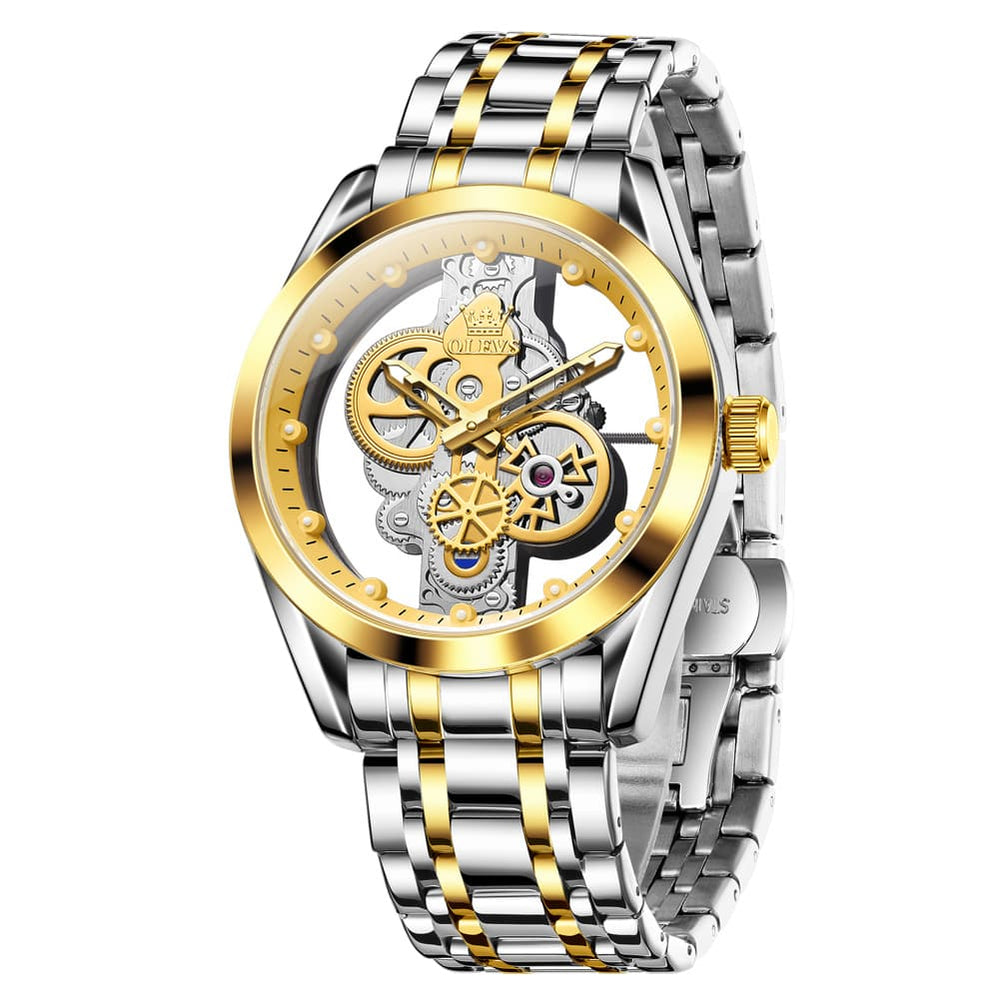 OLEVS 3725 Skeleton Luminous Quartz Watch for Men - Gold Watch | Olevs Watch Store