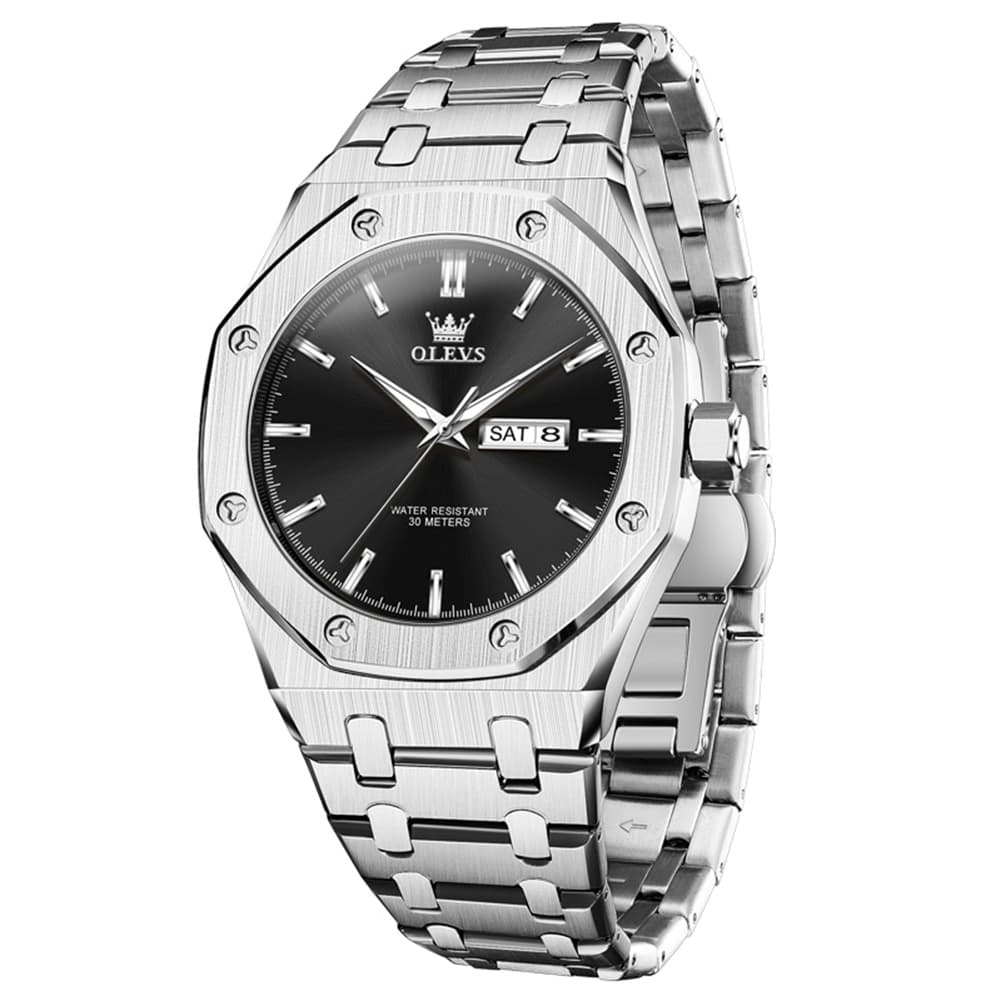 OLEVS 3726 Octagonal Luminous Quartz Watch for Men - Silver Black Watch | Olevs Watch Store