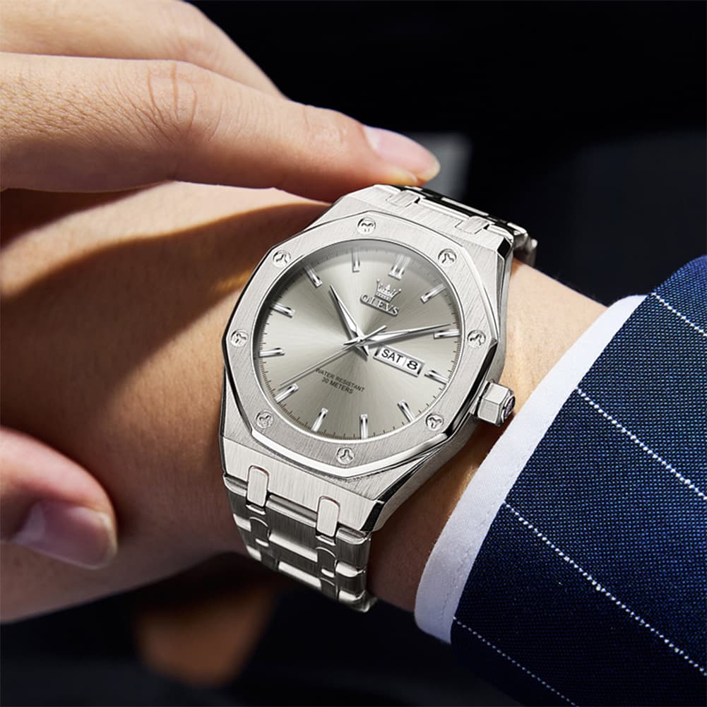 OLEVS 3726 Octagonal Luminous Quartz Watch for Men - Silver Grey Watch | Olevs Watch Store