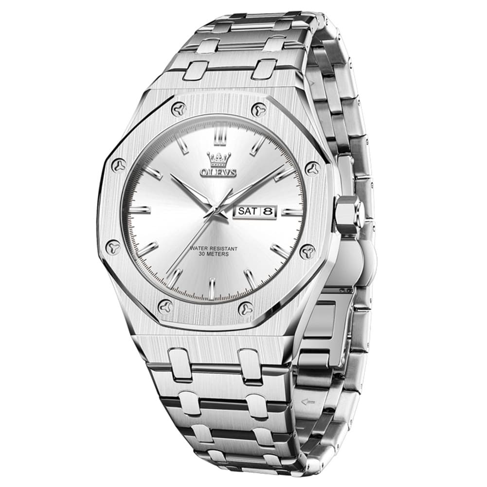 OLEVS 3726 Octagonal Luminous Quartz Watch for Men - Silver White Watch | Olevs Watch Store